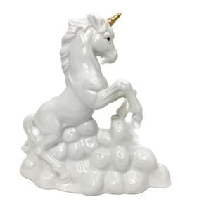 Unicorn White Glossy Rearing Figurine with Gilded Horn Vintage 6" tall Unsigned